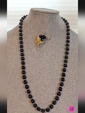 Vintage Black Satin Beaded Long Necklace Gold Tone Abstract Floral Brooch Set